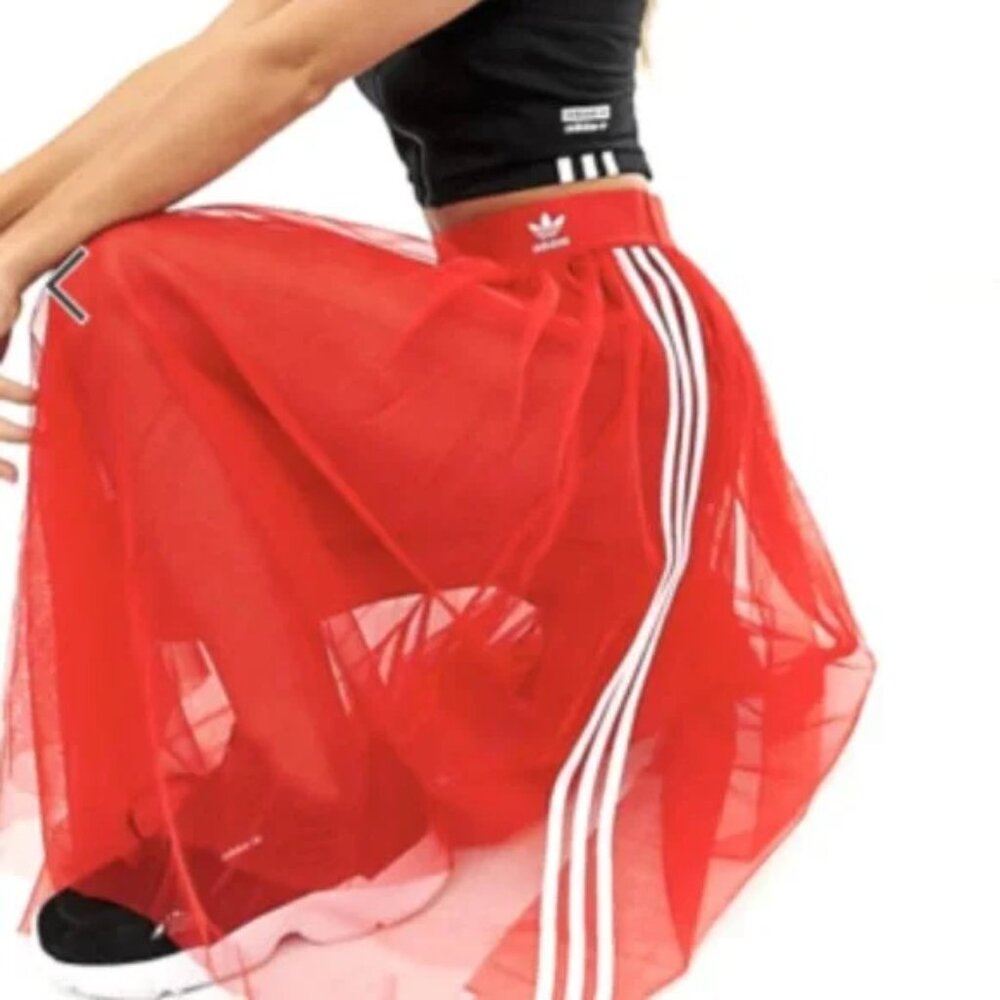 💥HOT ITEM!💥ADIDAS Edgy Chic Pleated Tulle Midi Skirt in Bright Red - Picture 5 of 14